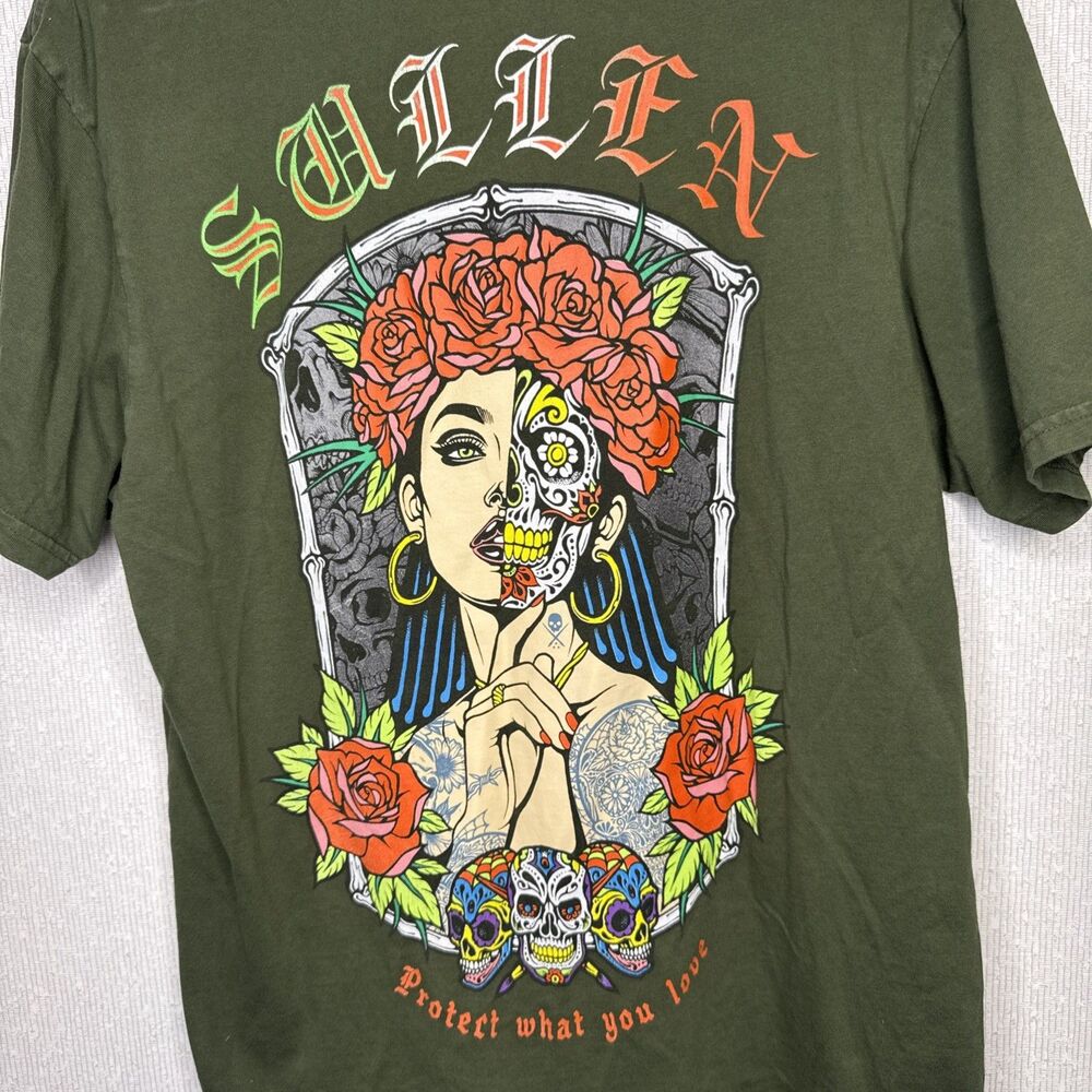 Sullen Art Collective T Shirt Mens Medium M Green Skull Roses Graphic Tattoo Tee - Picture 5 of 8